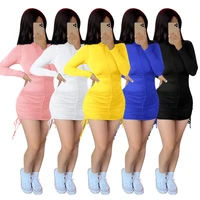casaul women mini dress pleated full sleeve skinny bodycon streetwear solid color drawstring autumn clothes for women outfit