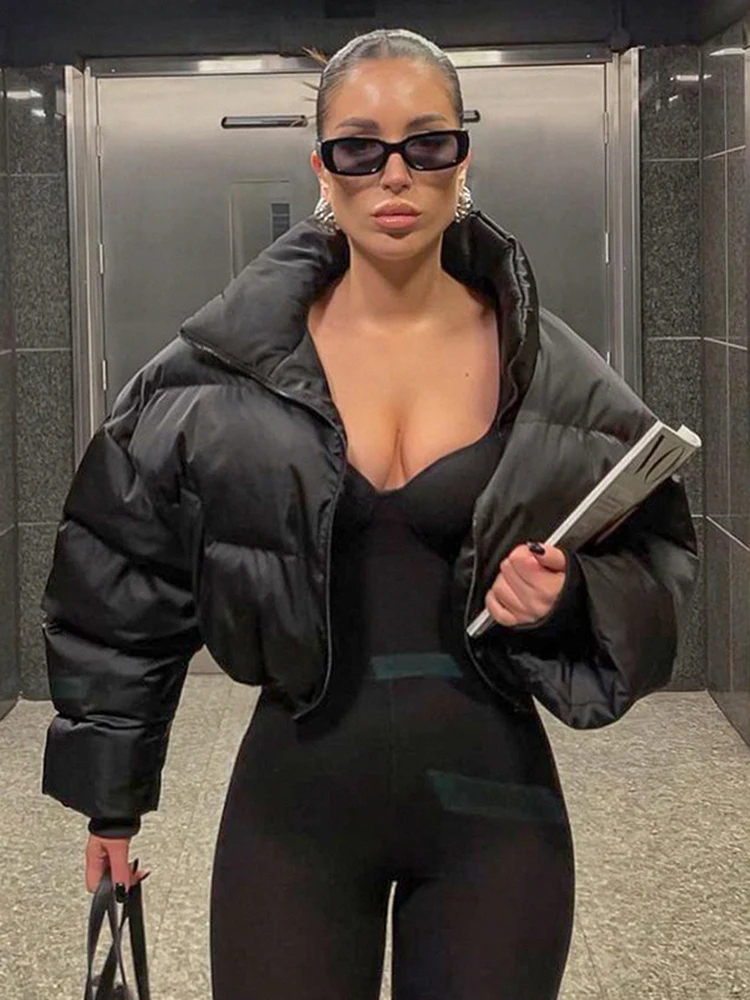 

Sifreyr Casual Cropped Jacket Parkas Women Winter Stand Collar Black Cotton Padded Bubble Coat Femme Zipper Loose Puffer Jackets