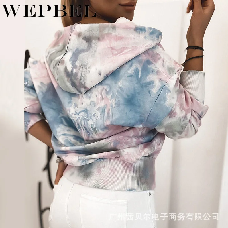 

WEPBEL Autumn Coats Women Sweatshirts Coat Casual Tie Dye Print Zipper Outerwear Long Hooded Hoodies Jacket with Pocket
