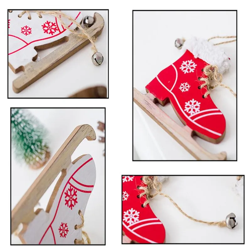 

1PC Red White Xmas Skates Wooden Crafts Christmas Party Hanging Diy Decoration Home Decoration Accessories