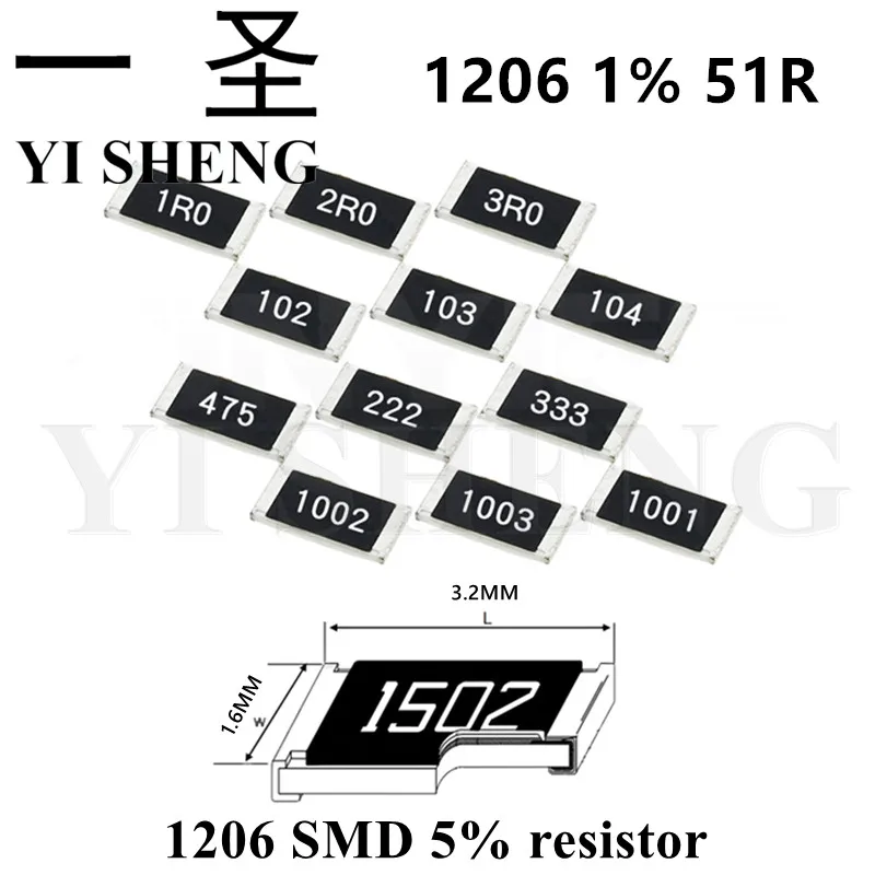 

100 шт. 1206 SMD резистор 1% 51 Ом чиповый резистор 0,25 Вт 1/4 Вт 51R