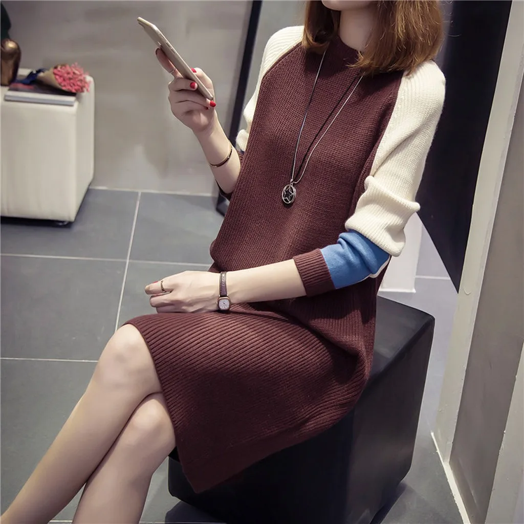 Женское осеннее платье в стиле пэчворк модное корейское свободное с круглым