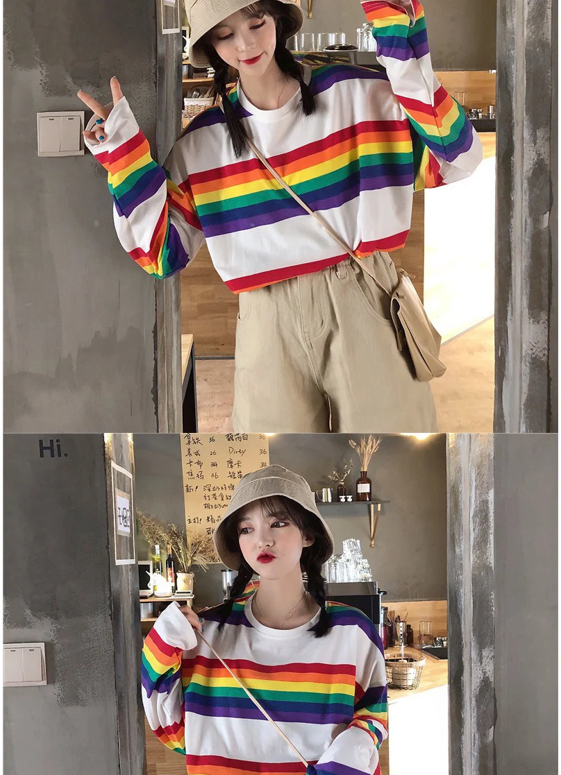 Женская футболка SAutumn Топы в Корейском стиле Ulzzang Harajuku Радужная полосатая футболка для женщин футболка с длинными рукавами женская повседневная одежда
