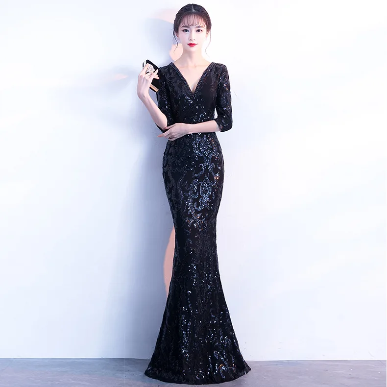 Цвет черный серебристый Вечерние Платье Flare рукавом Элегантное Длинное платье