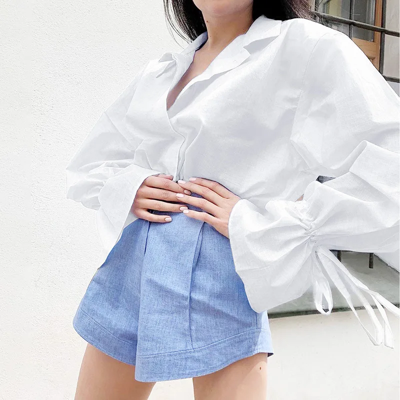 

Women Casual Cotton Linen Solid Shirts Autumn Fall Buttons Lapel Elastic Tie Long Puff Sleeves Blouse Tops