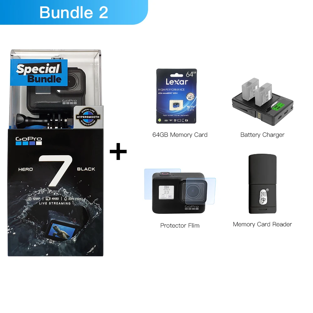 Bundle 2 Оригинальная специальная экшн-Камера GoPro Hero 7 черного цвета Go Pro Hero7, Спортивная камера 4K 60fps 1080P 240fps 12 MP, прямая передача фотографий - Цвет: Bundle 2