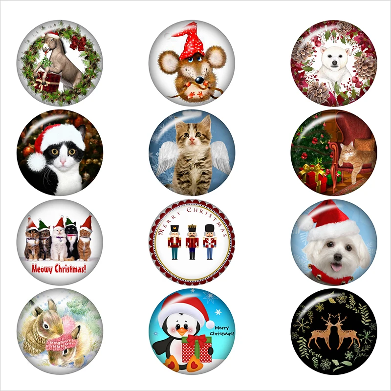 

christmas cat dog Bear 10pcs mixed 12mm/18mm/20mm/25mm Round photo glass cabochon jewelry flat back Making findings A6663