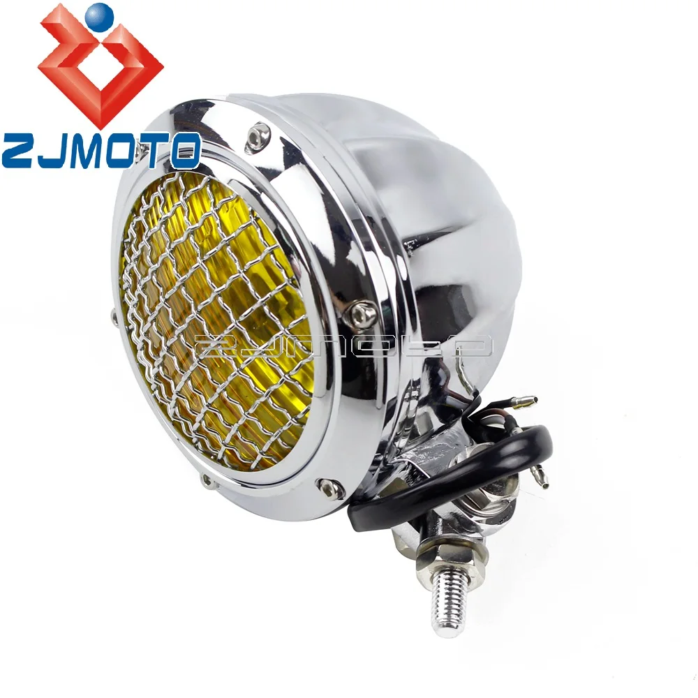 Yellow Glass Motorcycle 4.5&quot Headlamp For Harley Honda Yamaha Suzuki Cafe Racer Bobber Custom Mesh Grille Headlight Polish |