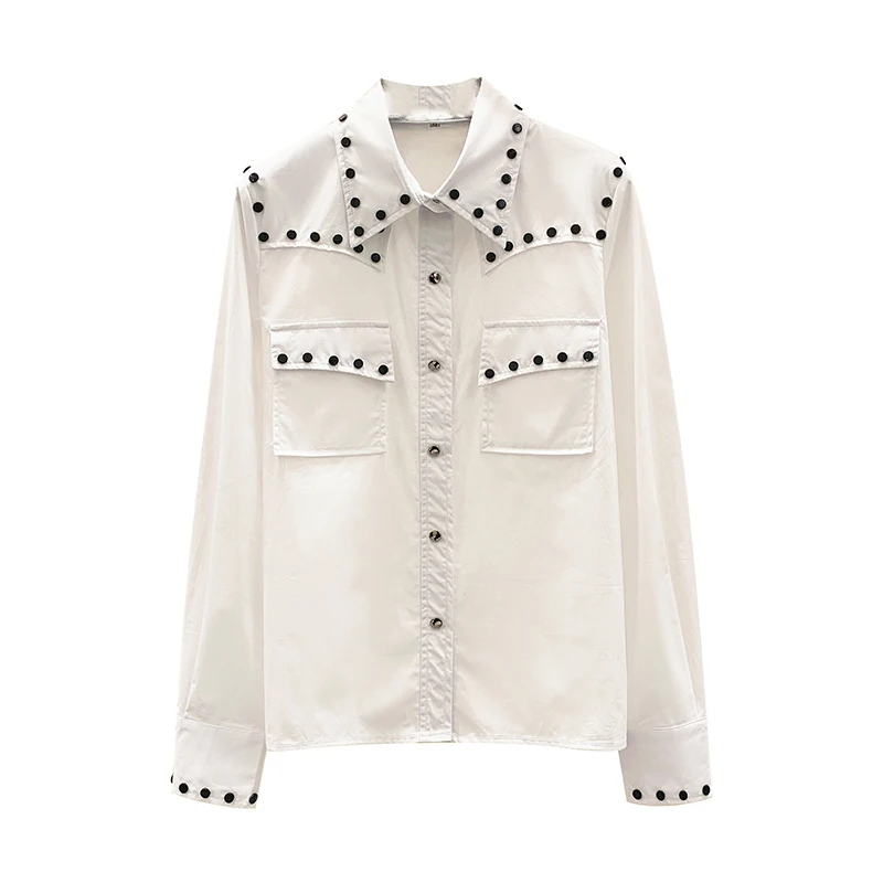 

Rivet Pockets Decorative White Shirt Women's 2020 Spring New Retro Long Sleeve White Blouse Blusas Feminina Bluzki Damskie