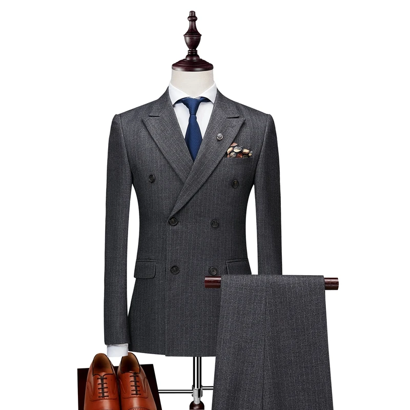 2021 Mens Double Breasted Suit  Slim Fit Vertical Striped Suit Men Simple Wedding Dress Blazer Suits (Jackets+Pants+Vests)