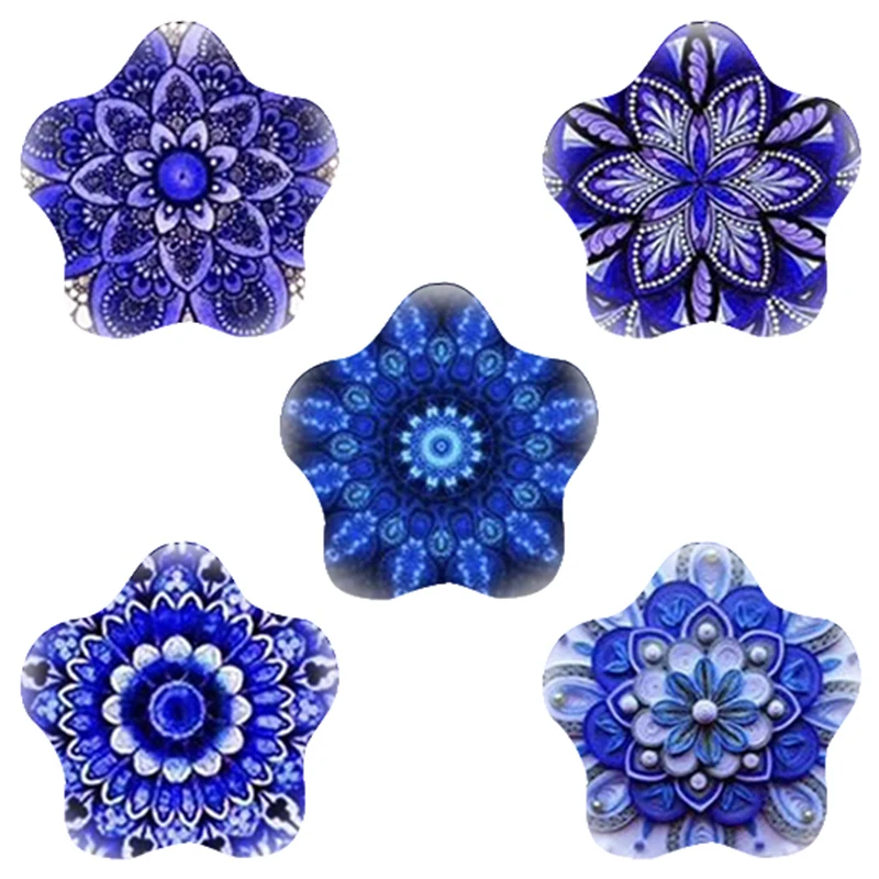 

TAFREE Dark Blue Mandala Flowers Pattern Star Shaped Glass Cabochon Flat Back 18 mm DIY Jewelry Findings Making Accessories