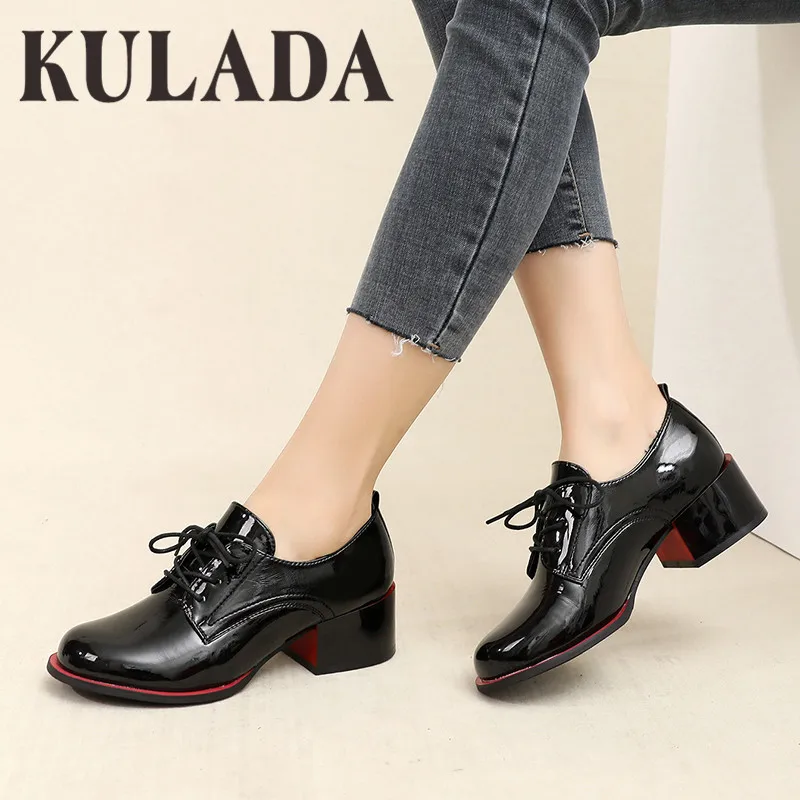 Женские лакированные туфли KULADA лодочки из лакированной кожи на толстом каблуке с