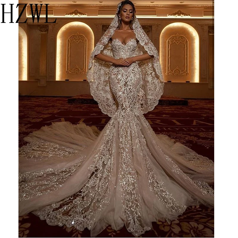 

Luxury Lace Applique Sequined Mermaid Wedding Dress 2020 Sweetheart Illusion ZipperBack Sweep Train Bride Dress vestido de noiva