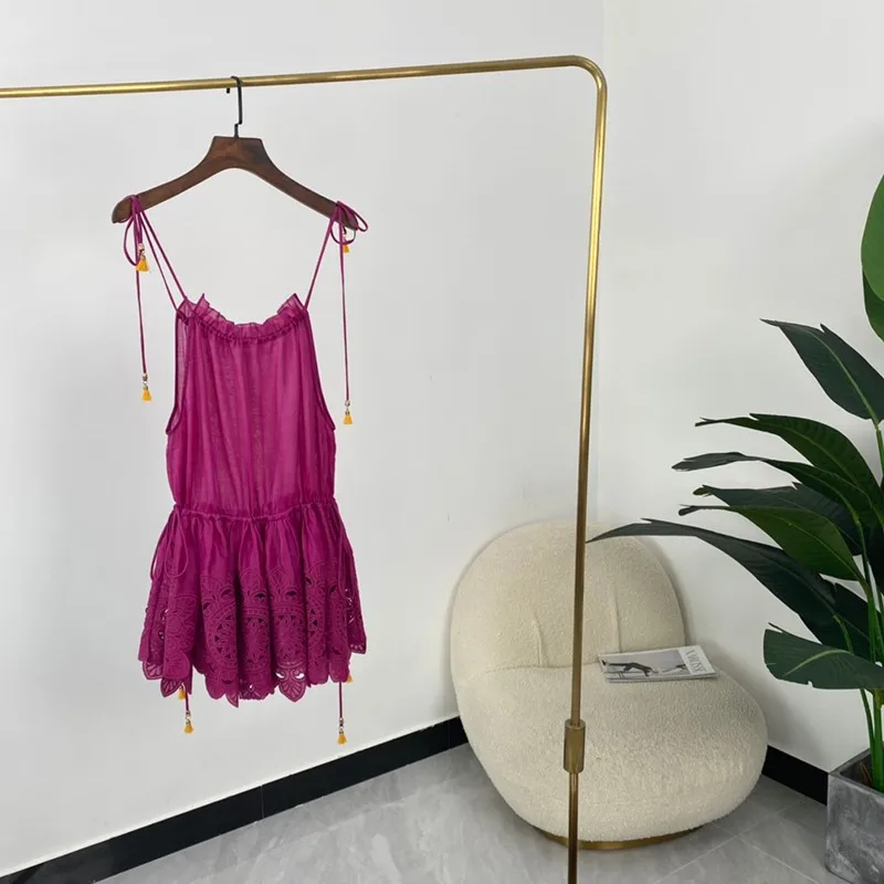 

Летние женские модные трапециевидные розово-красные ажурные мини-платья без бретелек с цветочным крючком высокого качества