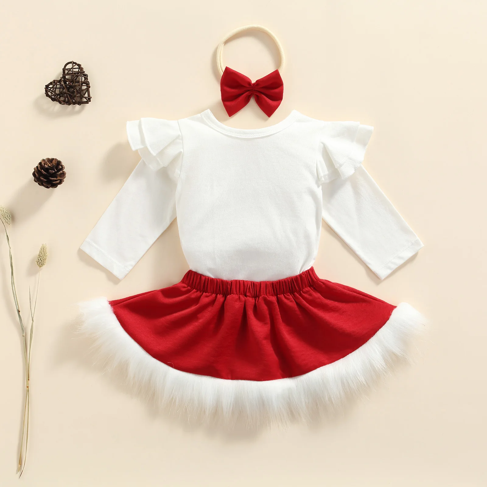 

3Pcs Baby Christmas Outfit, Solid Color Long-Sleeve Romper + Fluffy Skirt + Headband for Toddler Girls, 0-24 Months