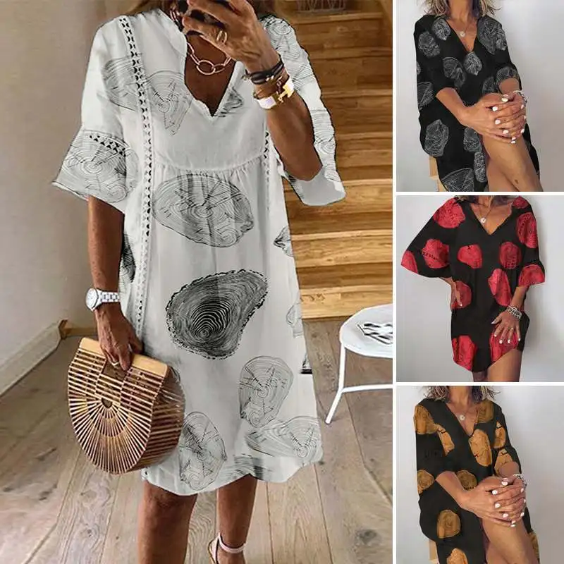 

Kaftan Women's Printed Dress ZANZEA 2021 Casual Summer Sundress Flare Sleeve Knee Length Vestidos Female Lace Robe