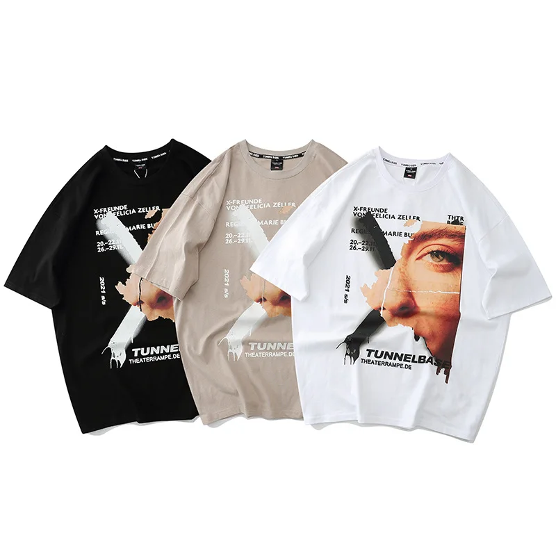 

High street simple Short Sleeve T trendy hip hop over size loose photo tear print short sleeve T-shirt for men