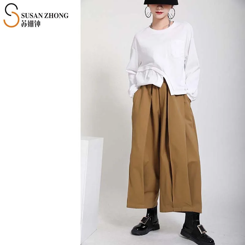 Брюки женские льняные с широкими штанинами дизайнерские свободные штаны в