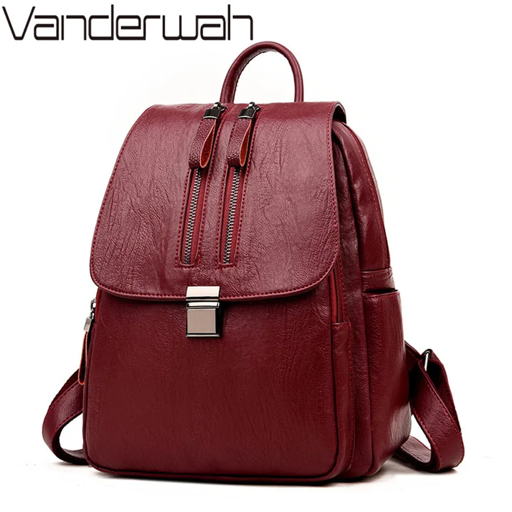 VANDERWAH рюкзак с двойной молнией женский кожаный женские школьные сумки для