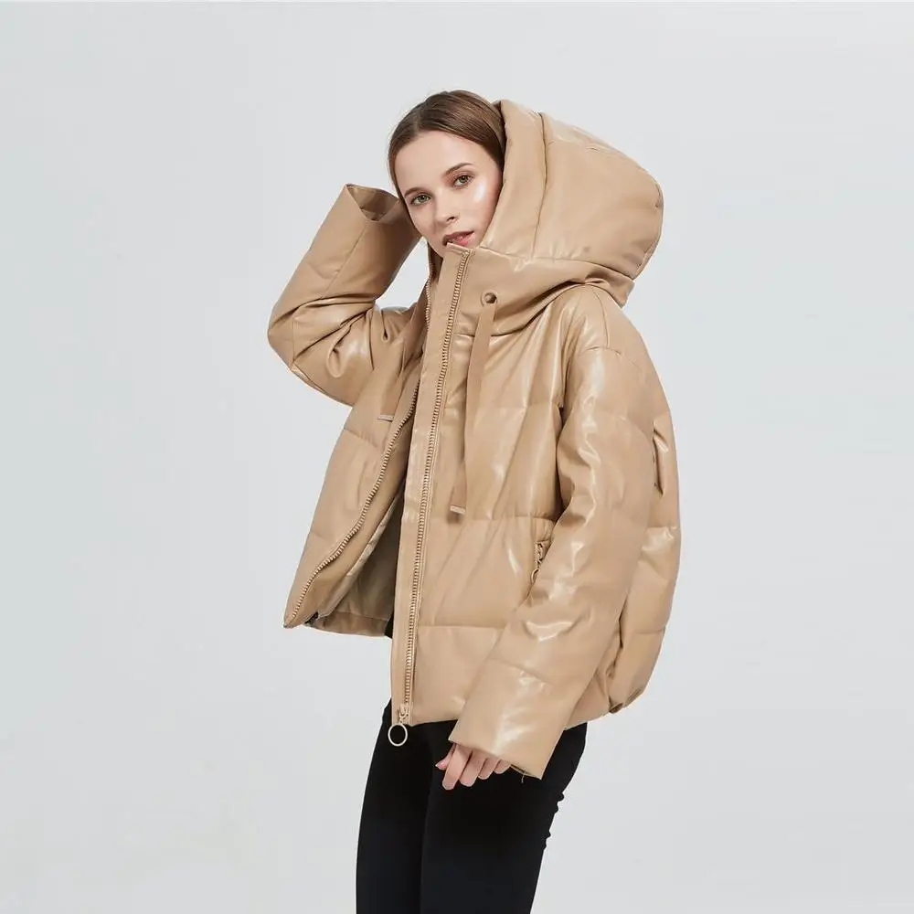 

OLOMM 2020 Winter Women khaki fur faux leather jacket coat oversized zipper Female Thick pu hooded coat Overcoat