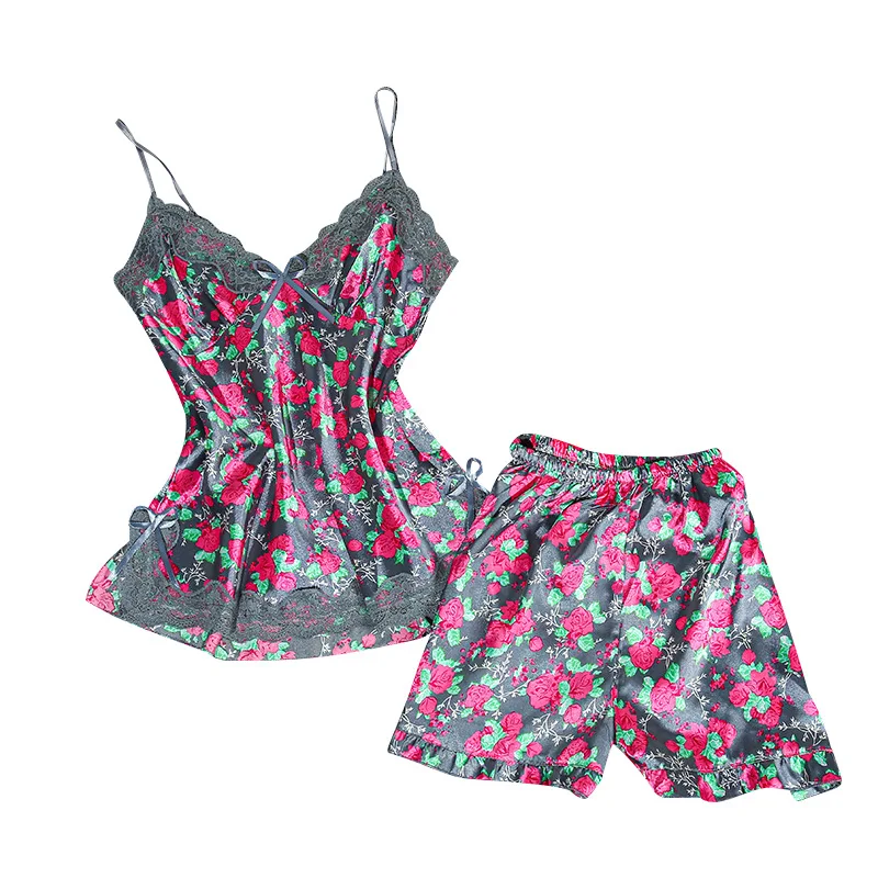 

2PCS Print Flower Pajamas Suit Satin Nightwear Home Clothing Intimate Lingerie Women Sexy Lace White Sleep Set Pyjamas Homewear