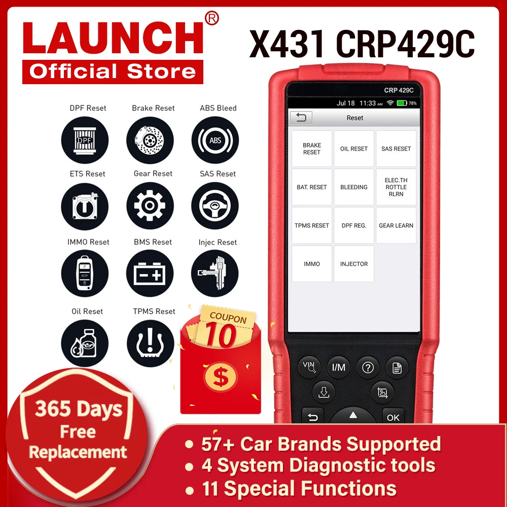 Сканер LAUNCH X431 CRP429C OBD2 4 системы диагностики с 11 услугами сброса для TPMS IMMO DPF SAS OIL BAT