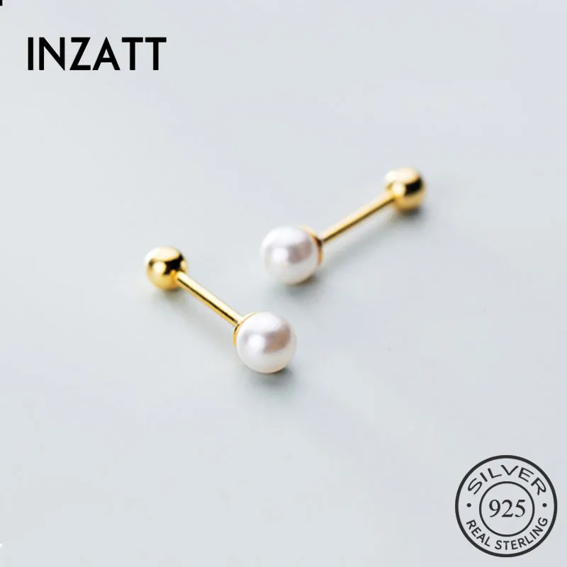 

INZATT Real 925 Sterling Silver Pearl Round Stud Earring For Fashion Women Birthday part Cute Fine Jewelry Accessories Gift