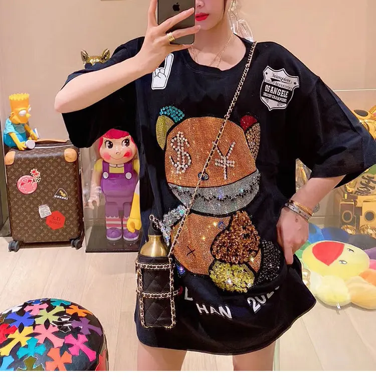 

2021 Summer Ladies European Large Version T-shirt Dress Women Short Sleeve Diamonds Beaded Top New Fashion O-neck Pullover Tee