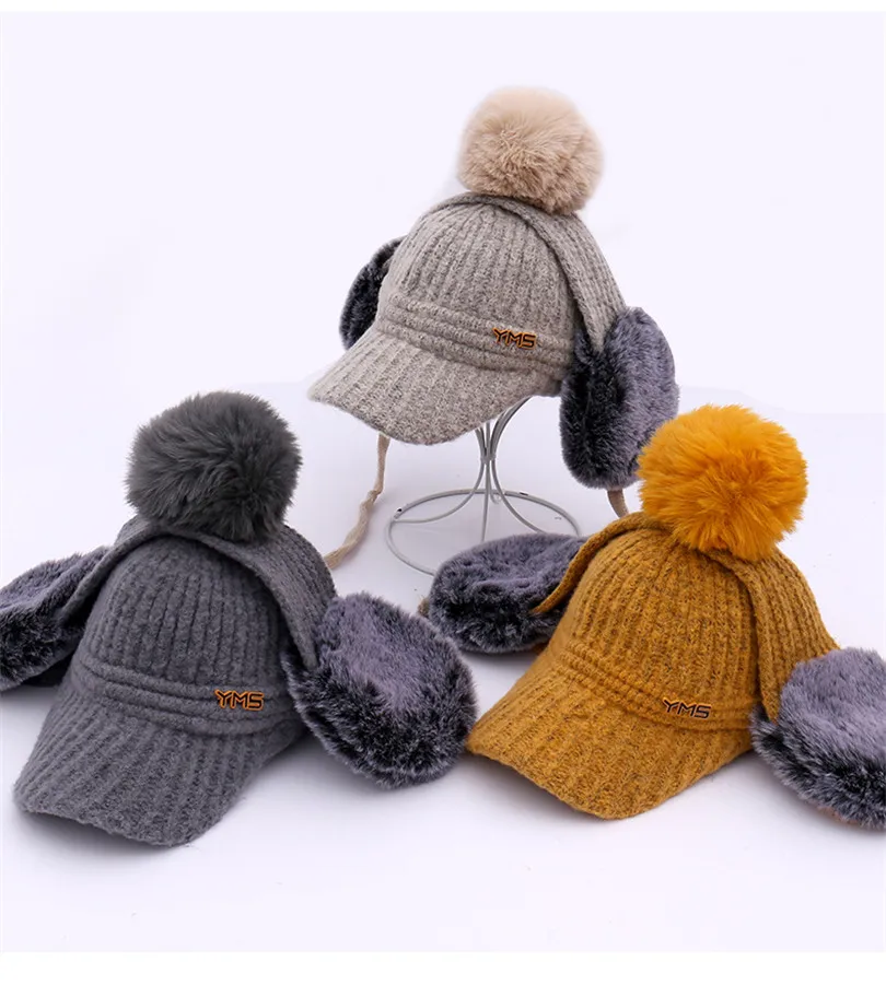 

Women Novelty Winter Baseball Cap Designer Mohair Knit Skullcap with Earmuff Ladies Multi Use Fur Pompom Earflap Hats 3 in 1