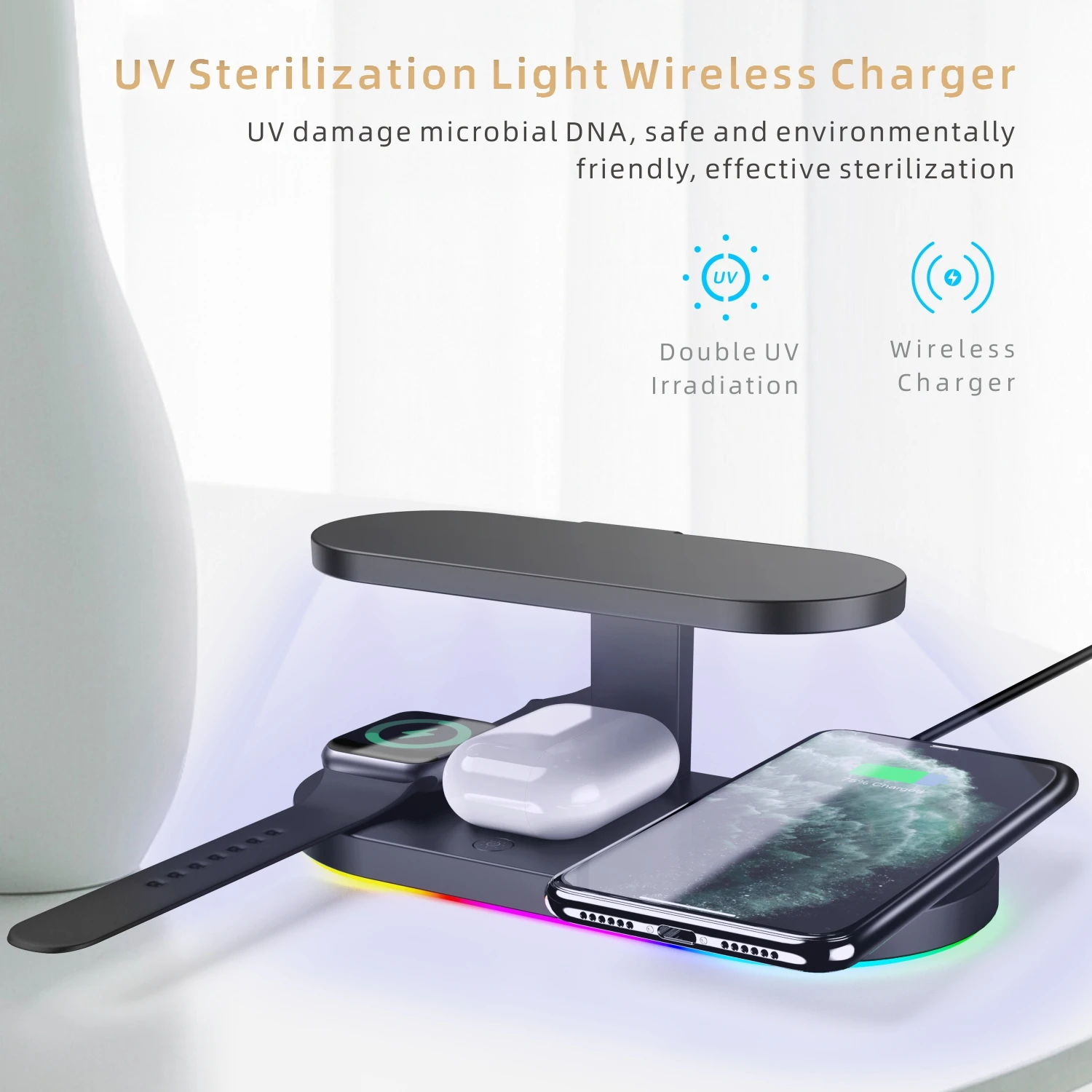 

15W 3 in 1 Wireless Charger Stand UV Disinfection for iPhone 12 11 XS Samsung Charging Station for Apple Watch 6 5 AirPods Pro 2