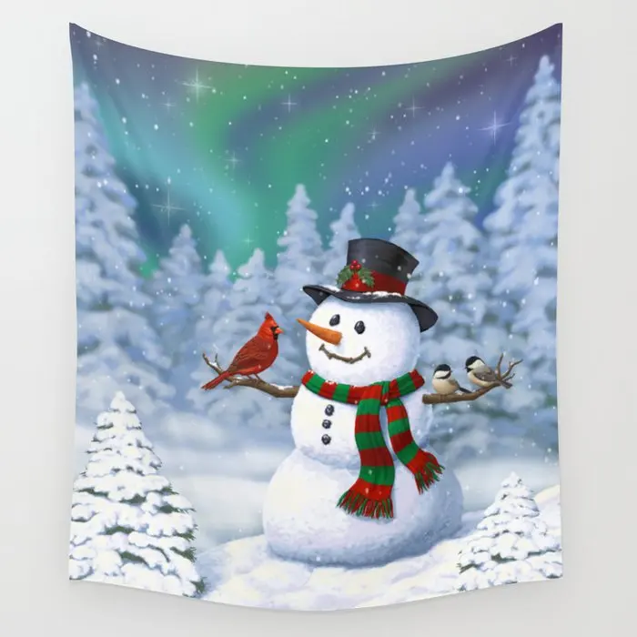 

Cute Happy Christmas Snowman with Birds Tapestry Wall Hanging Room Carpet Dorm Psychedelic Tapestries Art Home Decor Accessories