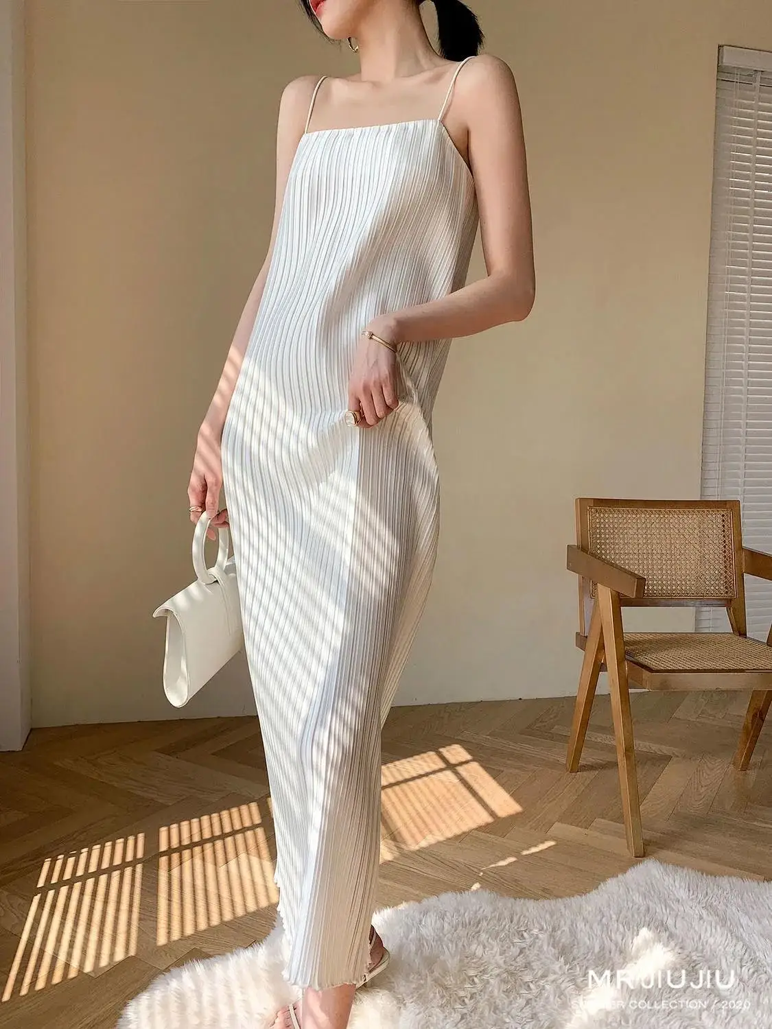 striped long sexy suspender Pleated High-quality satin dress 2020 summer new fashion French design sens Female New | Женская одежда