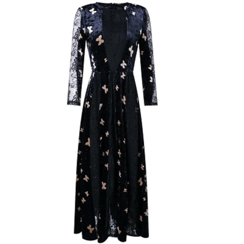 

long print Golden velvet patchwork dress women's Spring and autumn O-neck 2021 new high waist print A-line Lace dresses plus