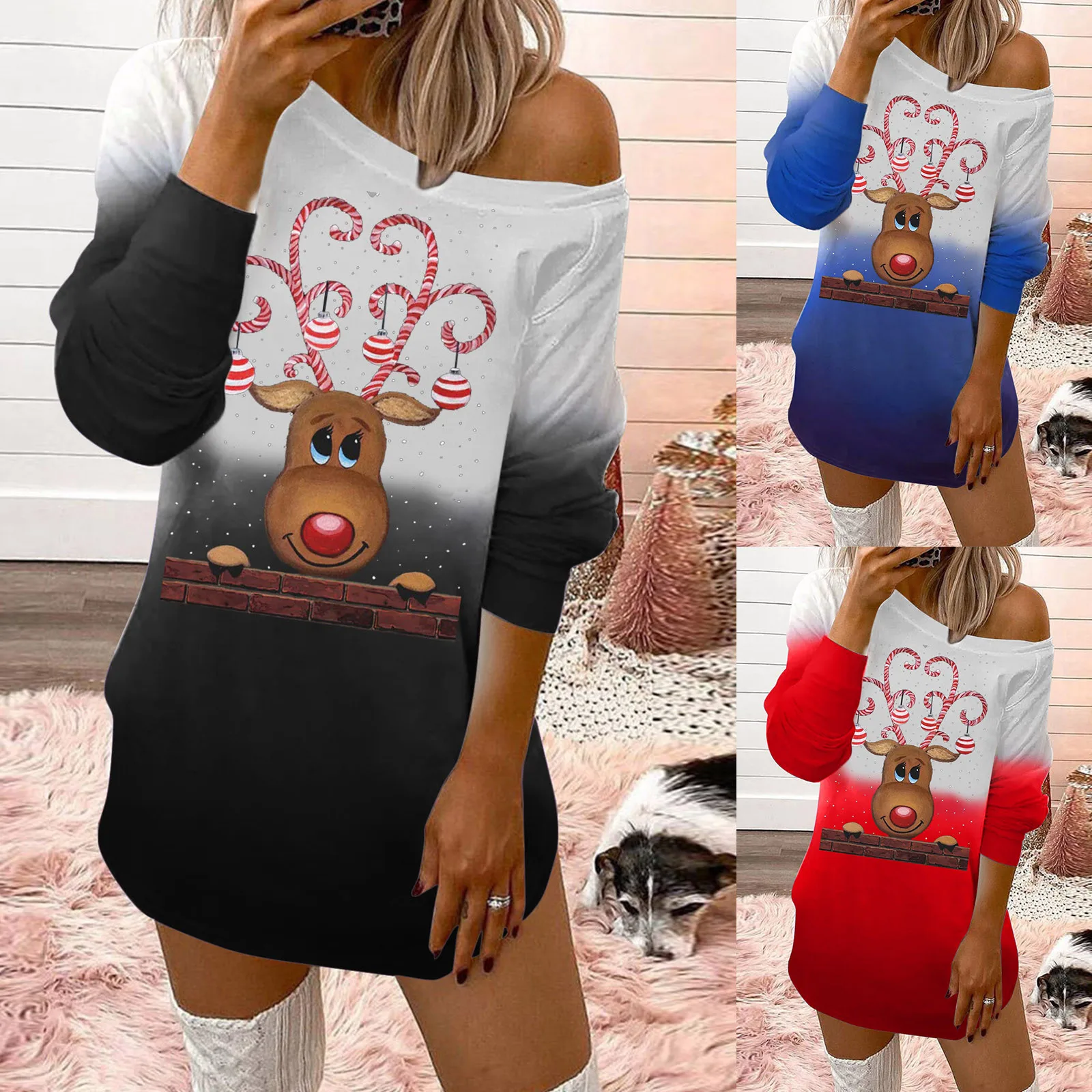 

Women Merry Christmas Print Off-Shoulder Crewneck Long Sleeves Sweatshirt Dress