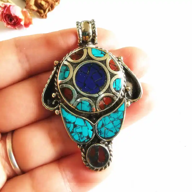 Тибетские Ювелирные изделия Медная Инкрустация Красочные камни подвески TBP538|hum