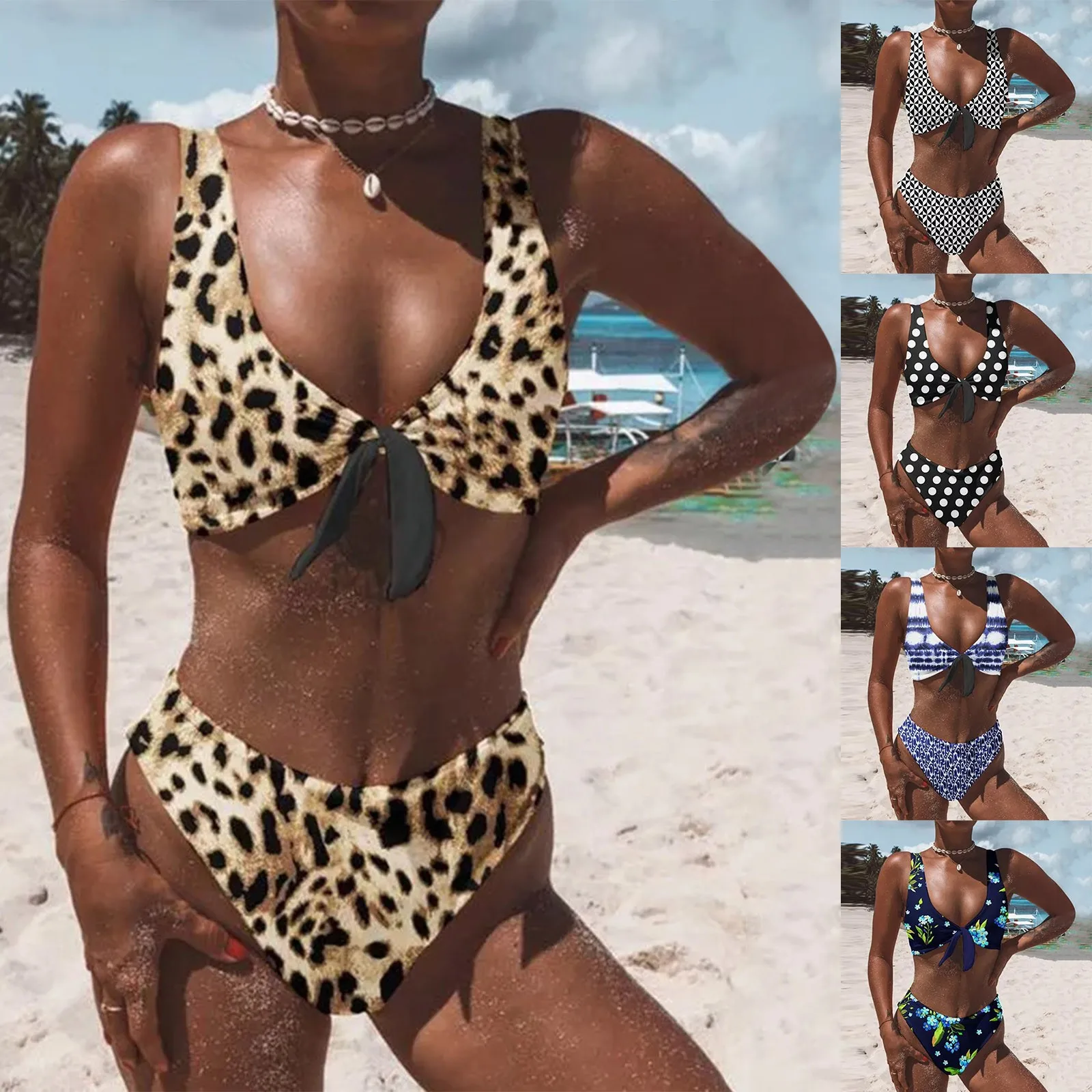 Комплект бикини с завышенной талией купальник леопардовым принтом пуш ап