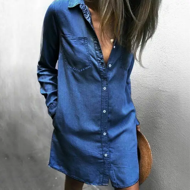 

2020 Womens Spring arrival Brief Solid Turn Down Neck Button Blue Jeans Denim Shirt Long Sleeve Casual Loose Shirt Blouse
