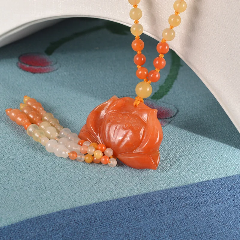 

Natural hand-woven red lotus jade pendant necklace 6mm round jade beads with tassels jade jewelry white and gold party goods