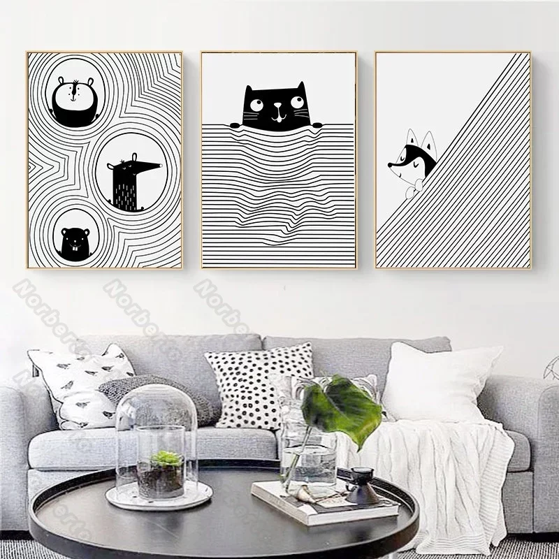 

Modern Style Canvas Painting Poster and Print Cartoon Animals with Various Black and White Stripes for Home Rooms Wall Decorat