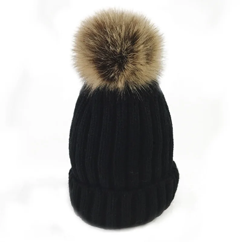 

Mom and baby hat mink and fox fur pompoms winter hat for women girl 's hat knitted beanies thick female fur pompom beanies for ladies