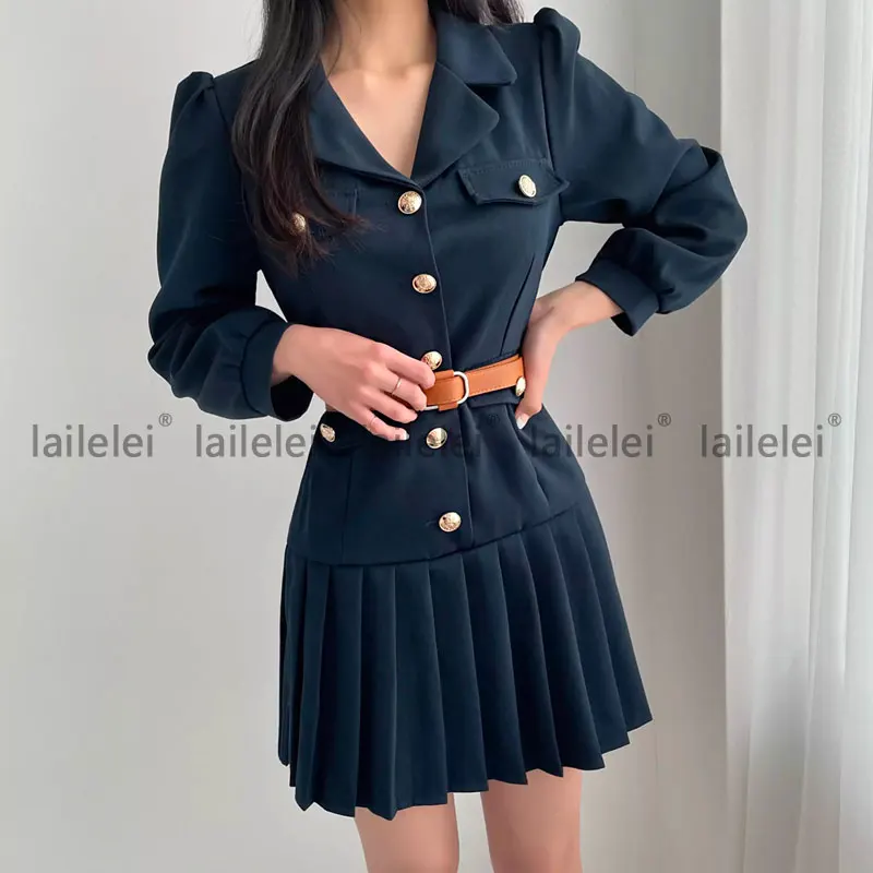 

Chic Pleat Irregular Buttons Dress With Belt High Waist Hip Style Turn Down Collar V-Neck Long Sleeve Spring 2021 New Vestidos