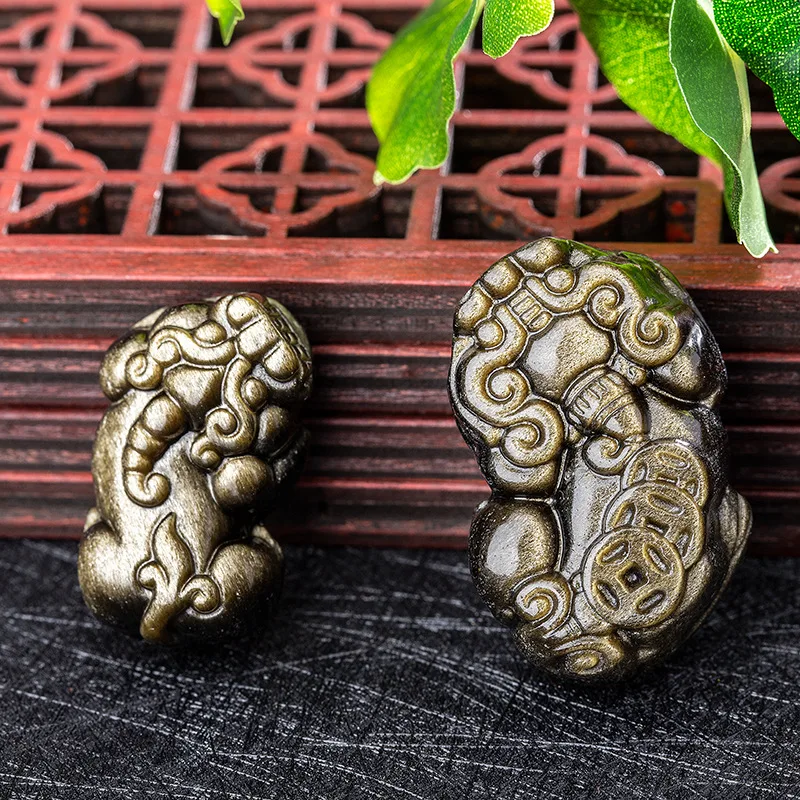 

2 sizes Natural Golden-Obsidian Carved (Brave Troops) Beads Chinese mythical mascot Old Coins Amulet DIY Accessories Pendant