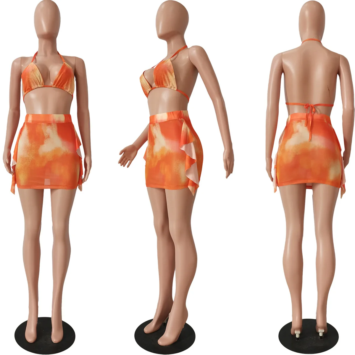 

Women Chic Halter Two Piece Bikinis Set 2021 Hottest Tie Dye Print Mesh Sexy Lady Bathing Ruffles Suits Holiday Swimming Wear