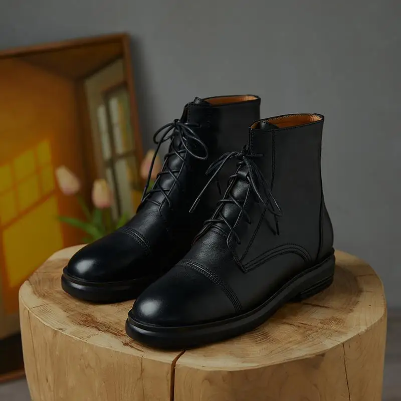 

Krazing pot superstar cow leather vintage handmade sewing round toe med heel zipper winter shoes dress basic ankle boots L39
