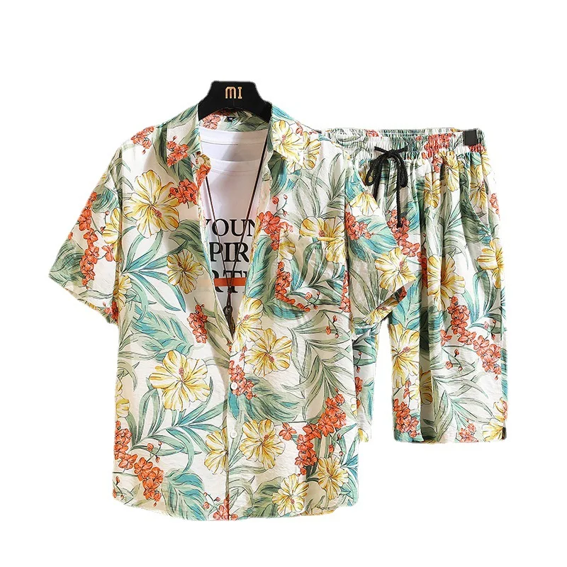 

2021 summer men's Hawaiian Beach shirt suit fashion loose suit