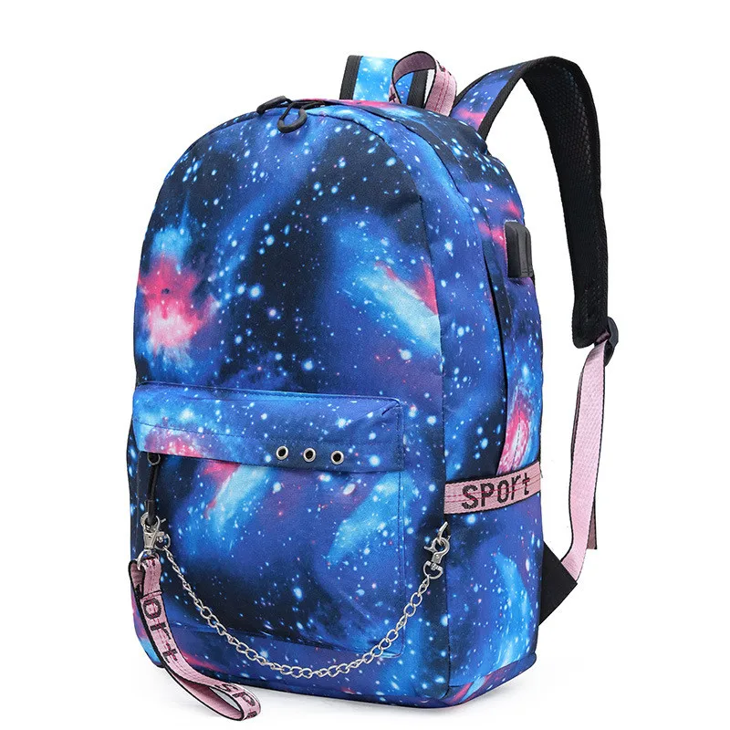 

Popular Teen Girls Boys Galaxy Cool Nylon Backpack USB Charger Large Capacity Starry Sky Universe Space School Bag
