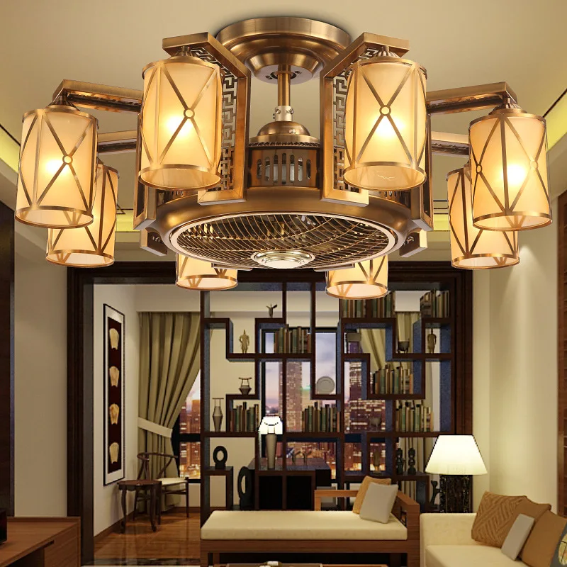 Китайский Невидимый потолочный вентилятор лампа ретро гостиная Светильник