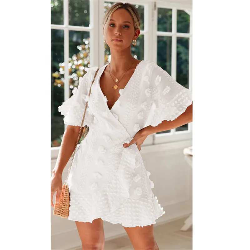 

Elegant Flower Print A-line Women Dress 2021 Sexy Lace Female Sundress Summer Style Ladies V-Neck White Mini Dresses Vestidos