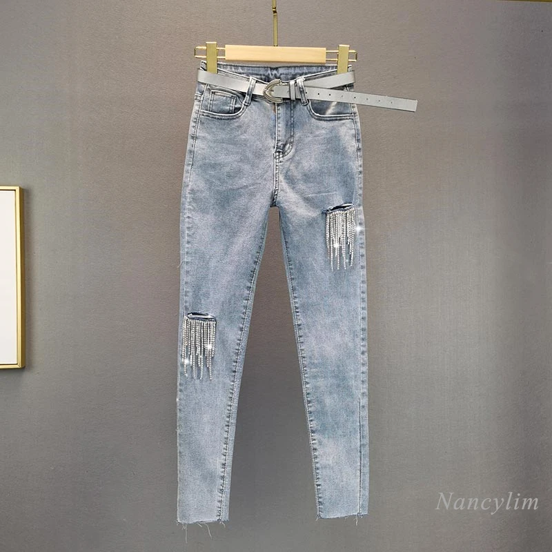 Ripped Holes Rhinestone Tasseled Jeans Woman's 2021 Summer New High Waist Slimming Tight Skinny Denim Pencil Pants Blue