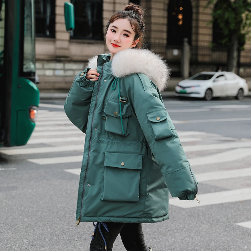 

ALMUERK 2020 Winter Women Fur Parka Hooded Pocket Coat Warm Bomber Jacket Cotton Lose Boyfriend Style Long Plus Size Large Hoody